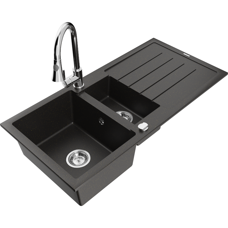 Mexen Andres granieten spoelbak 1,5-komorige met afdruiprek en keukenmengkraan Elia, zwart/goud metallic - 6515-75-670101-00