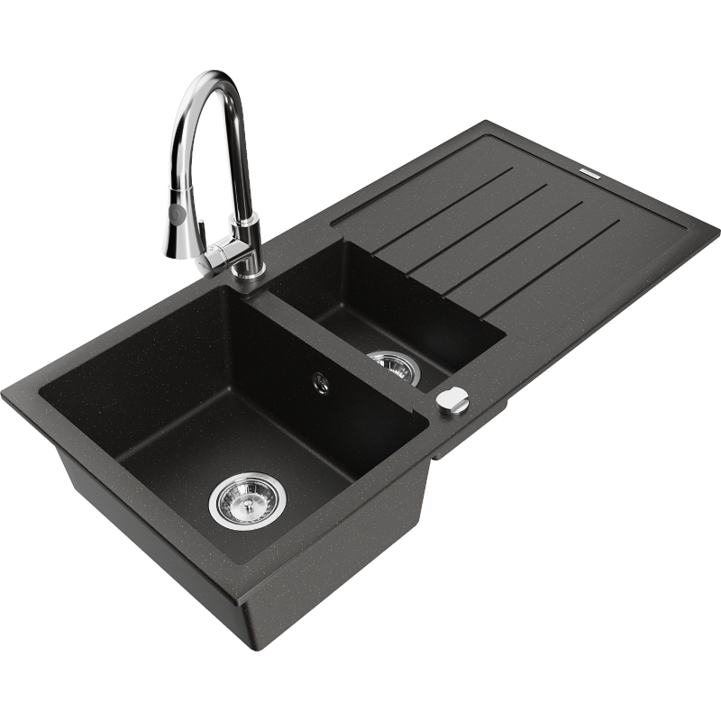 Mexen Andres granite sink 1.5-bowl with drainer and Elia kitchen faucet, black/gold metallic - 6515-75-670101-00