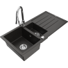 Mexen Andres fregadero de granito de 1,5 senos con escurridor y grifo de cocina Elia, negro/dorado metálico - 6515-75-670101-00