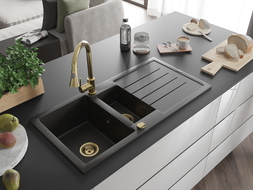 Mexen Andres granite sink 1.5-bowl with drainer and Elia kitchen tap, black/gold metallic - 6515-75-670101-50