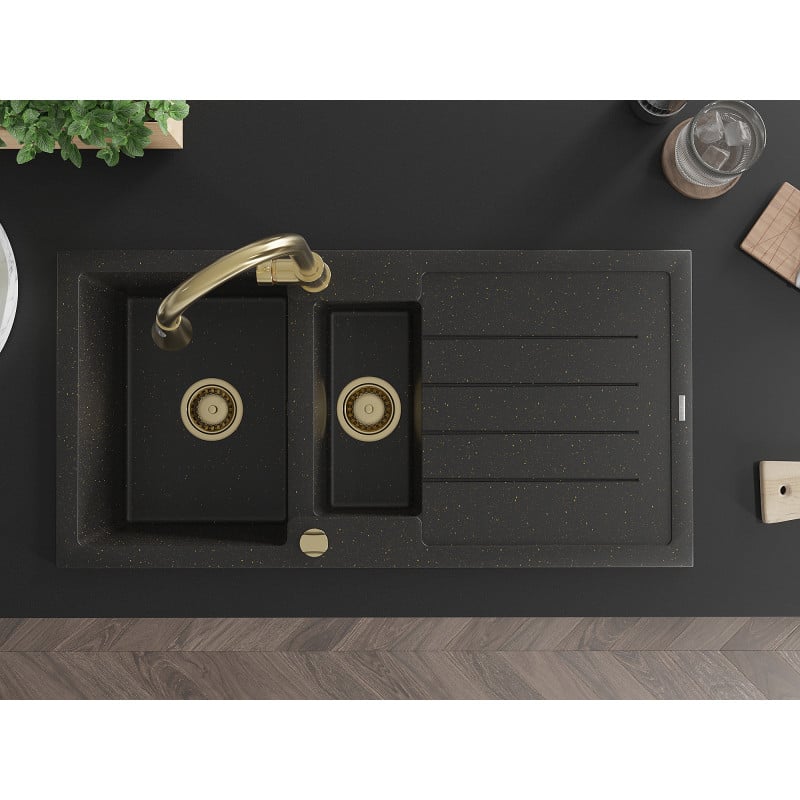 Mexen Andres Granitspüle 1,5-becken mit Abtropffläche und Küchenarmatur Elia, schwarz/gold-metallic - 6515-75-670101-50