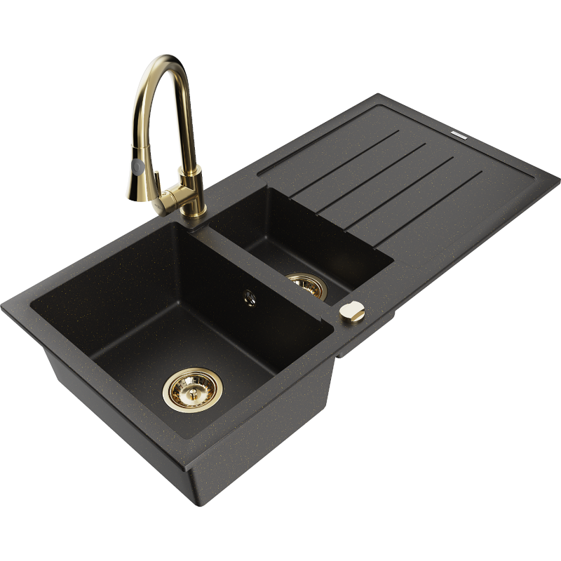 Mexen Andres granit izlietne ar 1,5 kameras ar noteces un virtuves krānu Elia, melns/zeltains metāliks - 6515-75-670101-50