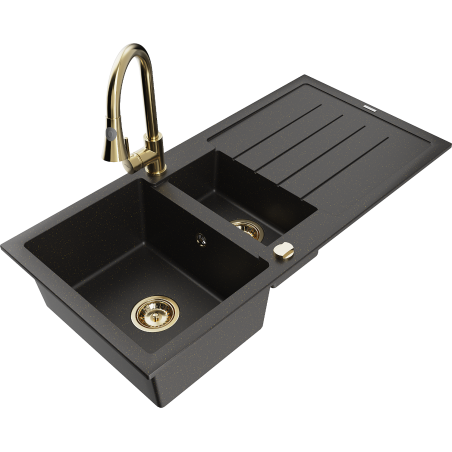Mexen Andres granit izlietne ar 1,5 kameras ar noteces un virtuves krānu Elia, melns/zeltains metāliks - 6515-75-670101-50