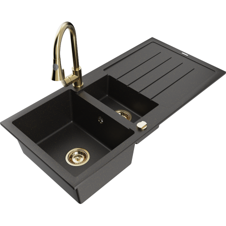 Mexen Andres Granitspüle 1,5-becken mit Abtropffläche und Küchenarmatur Elia, schwarz/gold-metallic - 6515-75-670101-50