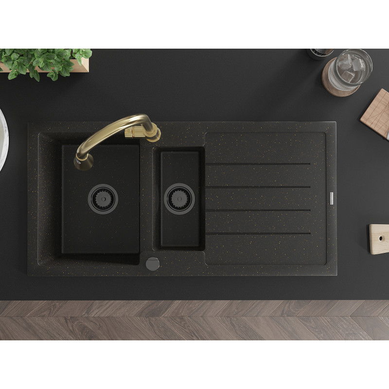 Mexen Andres Granitspüle 1,5-Becken mit Abtropffläche und Küchenarmatur Elia, Schwarz/Gold Metallic - 6515-75-670101-50-B