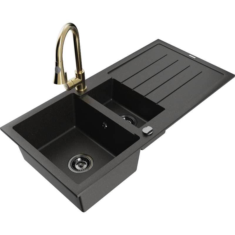 Mexen Andres fregadero de granito de 1,5 senos con escurridor y grifo de cocina Elia, negro/dorado metálico