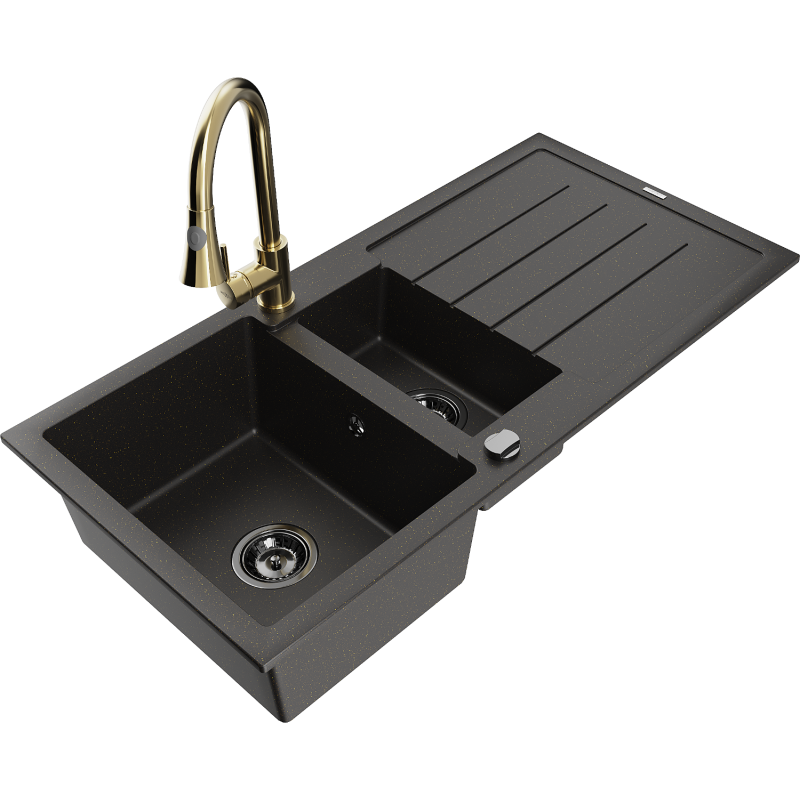 Mexen Andres granieten spoelbak 1,5-kamer met afdruiprek en keukenmengkraan Elia, zwart/gouden metallic - 6515-75-670101-50-B