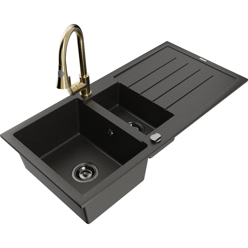 Mexen Andres granitische spoelbak 1,5-kamer met afdruiprek en keukenmengkraan Elia, zwart/goud metallic - 6515-75-670101-50-B