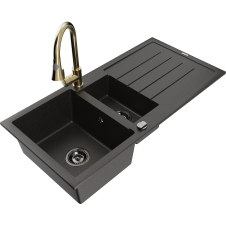 Mexen Andres granīta izlietne ar 1,5 nodalījumiem un noteces vietu, ar Elia virtuves jaucējkrānu, melna/zeltaina metāliks