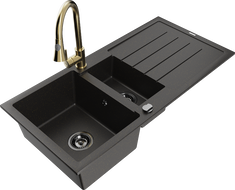Mexen Andres granieten spoelbak 1,5-kamer met afdruiprek en keukenmengkraan Elia, zwart/gouden metallic - 6515-75-670101-50-B