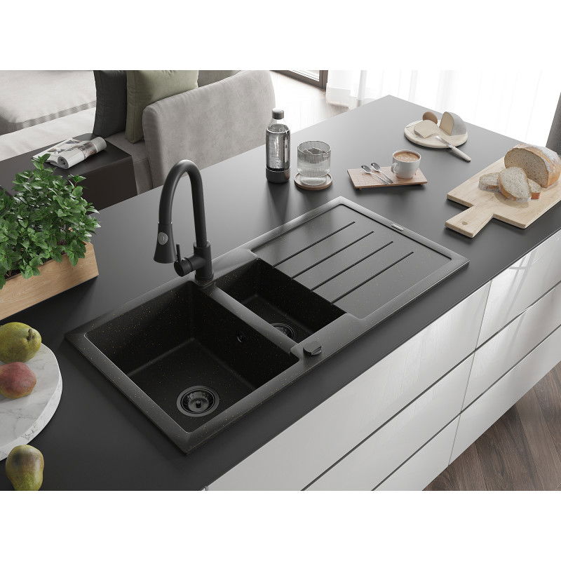 Mexen Andres granitdiskbänk 1,5-fack med avrinningsbricka och köksblandare Elia, svart/guld metallic - 6515-75-670101-70-B