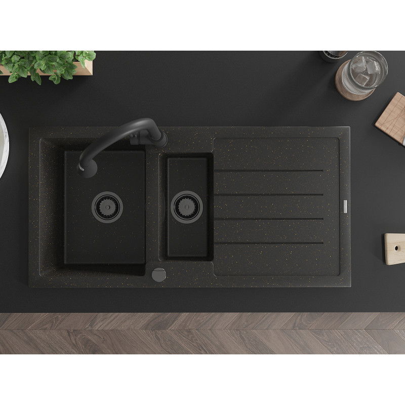 Mexen Andres 1,5-Kummer Granitspullstee mat Ofleff an Kichekrunn Elia, schwaarz/goldene Metallic - 6515-75-670101-70-B