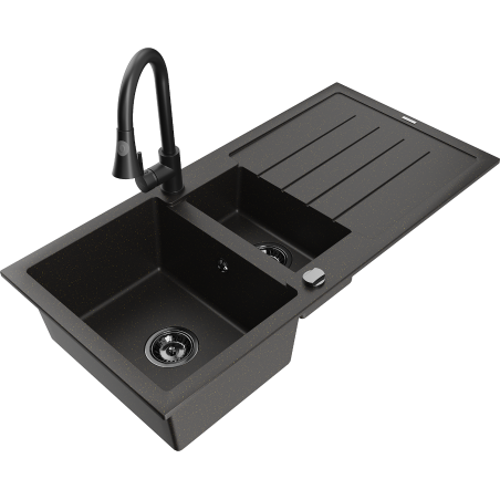 Mexen Andres granitizlietne ar 1,5 nodalījumu, notekpaplāti un virtuve jaucējkrānu Elia, melna/zeltīta metālika