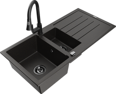 Mexen Andres granite sink with 1.5 bowls with drainer and Elia kitchen faucet, black/gold metallic - 6515-75-670101-70-B