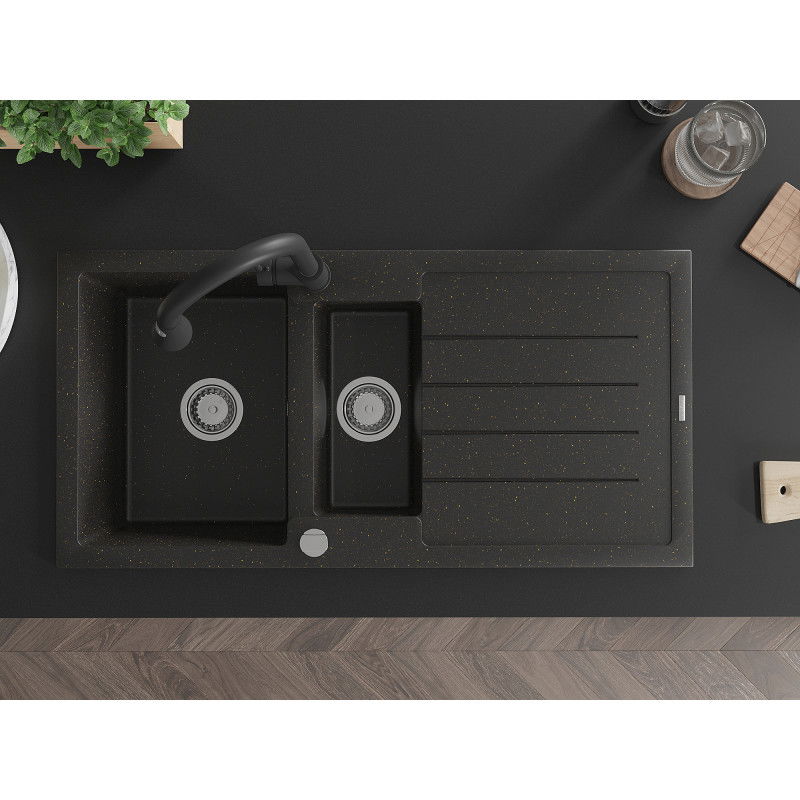 Mexen Andres granite sink 1.5-bowl with drainer and Elia kitchen tap, black/gold metallic - 6515-75-670101-70