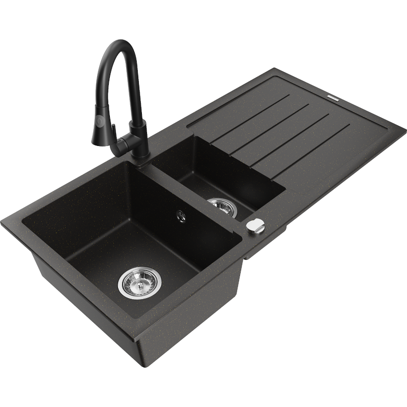 Mexen Andres fregadero de granito de 1,5 senos con escurridor y grifo de cocina Elia, negro/oro metálico - 6515-75-670101-70
