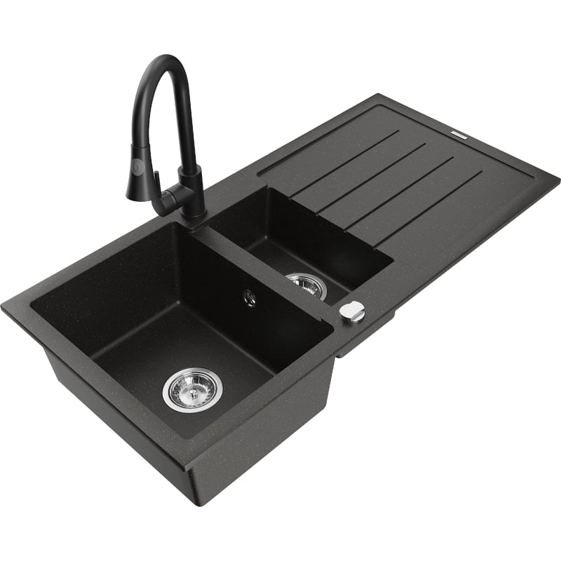 Mexen Andres granitische spoelbak met 1,5 kamers, afdruiprek en keukenmengkraan Elia, zwart/gouden metallic - 6515-75-670101-70