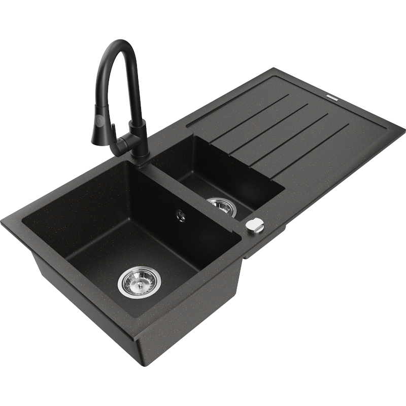 Mexen Andres lava-loiça de granito 1,5-bacia com escorredor e misturadora de cozinha Elia, preto/dourado metálico