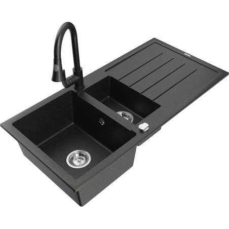 Mexen Andres granitische spoelbak met 1,5 kamers, afdruiprek en keukenmengkraan Elia, zwart/gouden metallic - 6515-75-670101-70