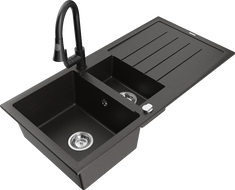 Mexen Andres granite sink 1.5-bowl with drainer and Elia kitchen tap, black/gold metallic - 6515-75-670101-70