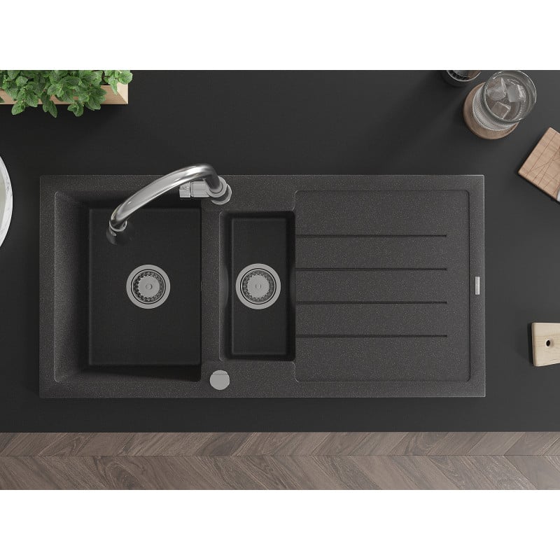 Mexen Andres Granitspüle 1,5-Becken mit Abtropffläche und Küchenarmatur Elia, schwarz gesprenkelt - 6515-76-670101-00