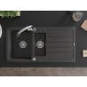 Mexen Andres 1,5 nodalīšu granīta izlietne ar noteces plāksni un virtuves jaucējkrānu Elia, melna ar plankumiem