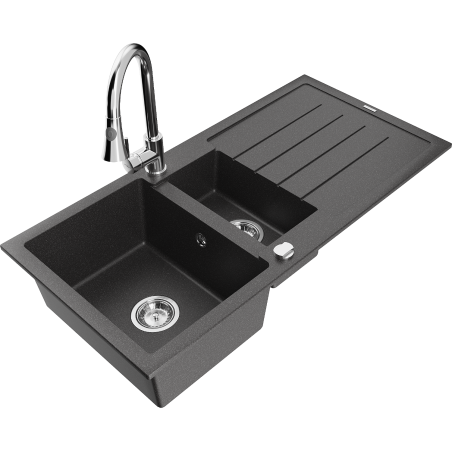 Mexen Andres 1,5 nodalīšu granīta izlietne ar noteces plāksni un virtuves jaucējkrānu Elia, melna ar plankumiem