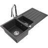 Mexen Andres granite sink 1.5-bowl with drainer and Elia kitchen tap, black speckled - 6515-76-670101-00