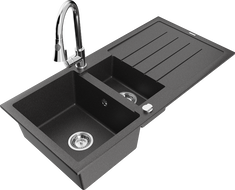 Mexen Andres granite sink 1.5-bowl with drainer and Elia kitchen tap, black speckled - 6515-76-670101-00