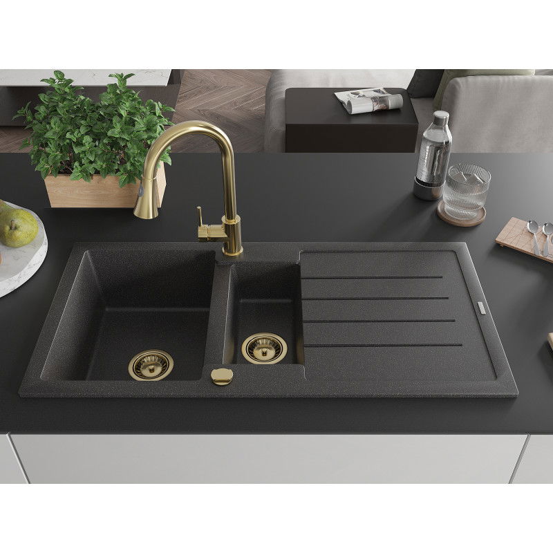 Mexen Andres granite sink 1.5-bowl with drainer and Elia kitchen tap, black speckled - 6515-76-670101-50