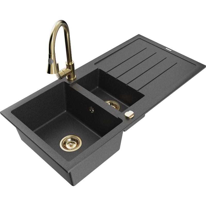 Mexen Andres fregadero de granito de 1,5 senos con escurridor y grifo de cocina Elia, negro moteado - 6515-76-670101-50