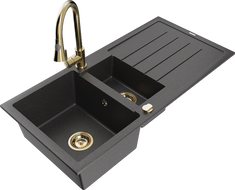 Mexen Andres granite sink 1.5-bowl with drainer and Elia kitchen tap, black speckled - 6515-76-670101-50