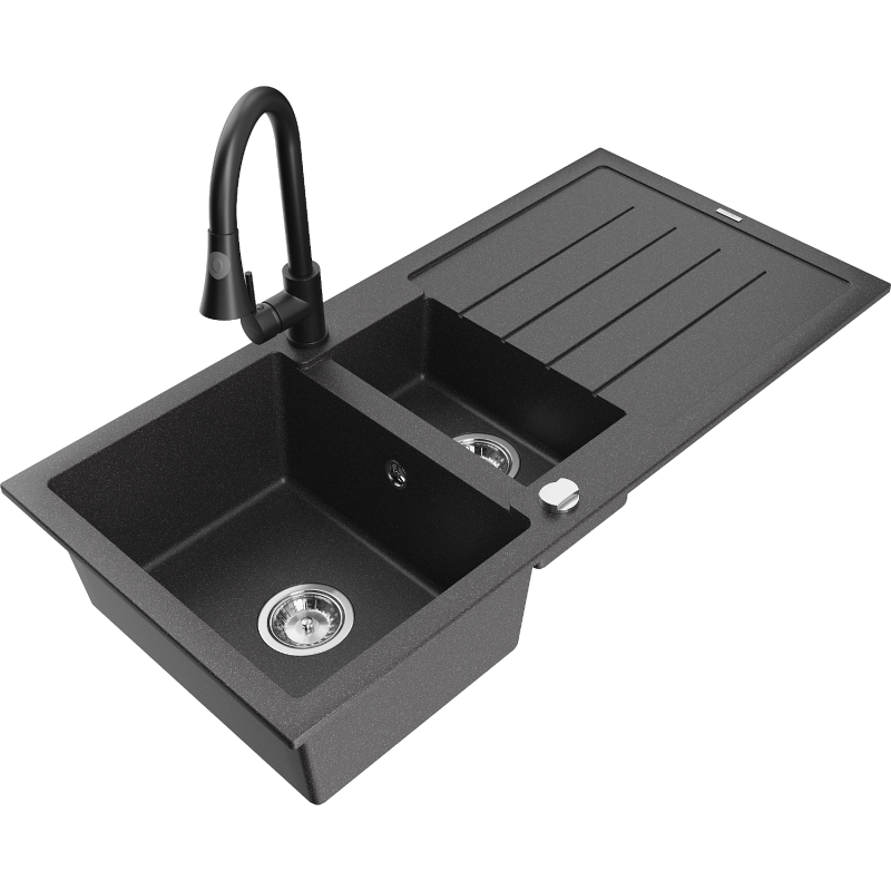 Mexen Andres fregadero de granito de 1,5 senos con escurridor y grifo de cocina Elia, negro moteado - 6515-76-670101-70