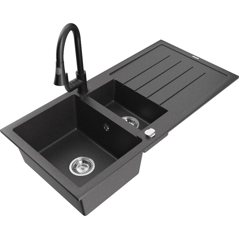 Mexen Andres granitno korito za pomivanje 1,5-Komorni z odcejalnikom in kuhinjsko pipo Elia, črna z lisami - 6515-76-670101-70