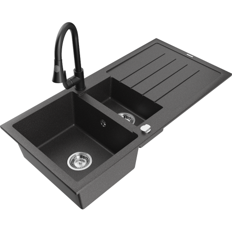 Mexen Andres fregadero de granito de 1,5 senos con escurridor y grifo de cocina Elia, negro moteado - 6515-76-670101-70