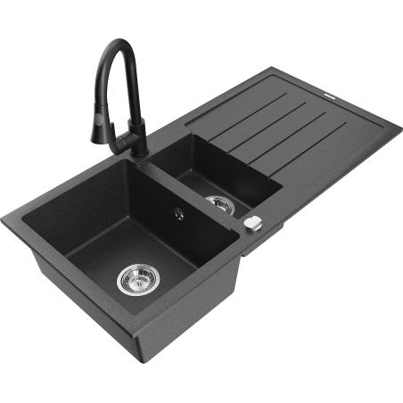 Mexen Andres granitā izlietne ar 1,5 nodalījumiem un noteces virsmu, Elia virtuves jaucējkrāns, melns ar punktiem