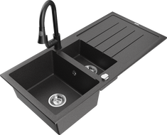 Mexen Andres granite sink 1.5-bowl with drainer and Elia kitchen tap, speckled black - 6515-76-670101-70