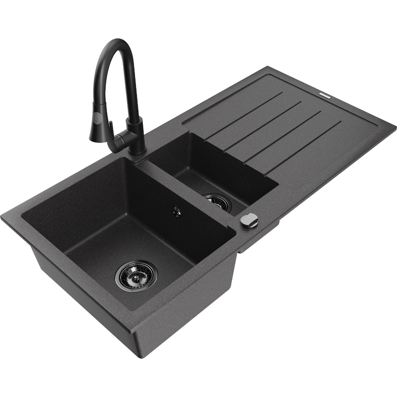 Mexen Andres Granit-Spullsteen mat 1,5 Schëffer mat Oflaaf an Kichekran Elia, schwaarz gesprenkelt - 6515-76-670101-70-B