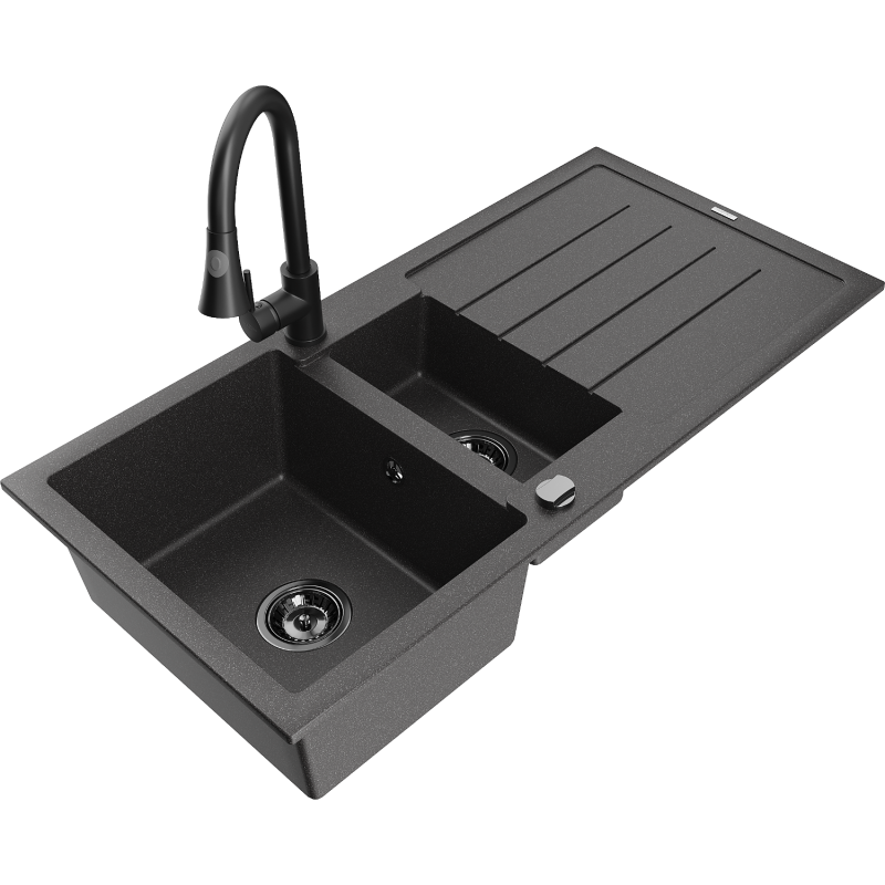Mexen Andres lava-louça de granito de 1,5 bacia com escorredor e torneira de cozinha Elia, preto salpicado