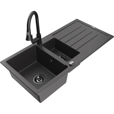 Mexen Andres fregadero de granito de 1,5 senos con escurridor y grifo de cocina Elia, negro moteado - 6515-76-670101-70-B