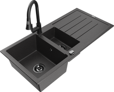 Mexen Andres 1.5-bowl Granite Sink with Drainer and Elia Kitchen Faucet, Speckled Black - 6515-76-670101-70-B