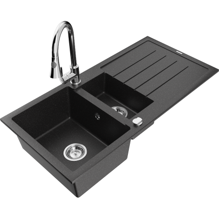 Mexen Andres Granitspüle 1,5-Becken mit Abtropffläche und Küchenarmatur Elia, schwarz/silber metallic - 6515-73-670101-00