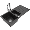 Mexen Andres fregadero de granito de 1,5 senos con escurridor y grifo de cocina Elia, negro/plateado metálico