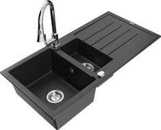 Mexen Andres 1.5-bowl Granite Sink with Drainer and Elia Kitchen Tap, Black/Silver Metallic - 6515-73-670101-00