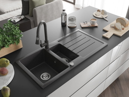 Mexen Andres fregadero de granito de 1,5 cuencas con escurridor y grifo de cocina Elia, negro moteado - 6515-76-670101-76