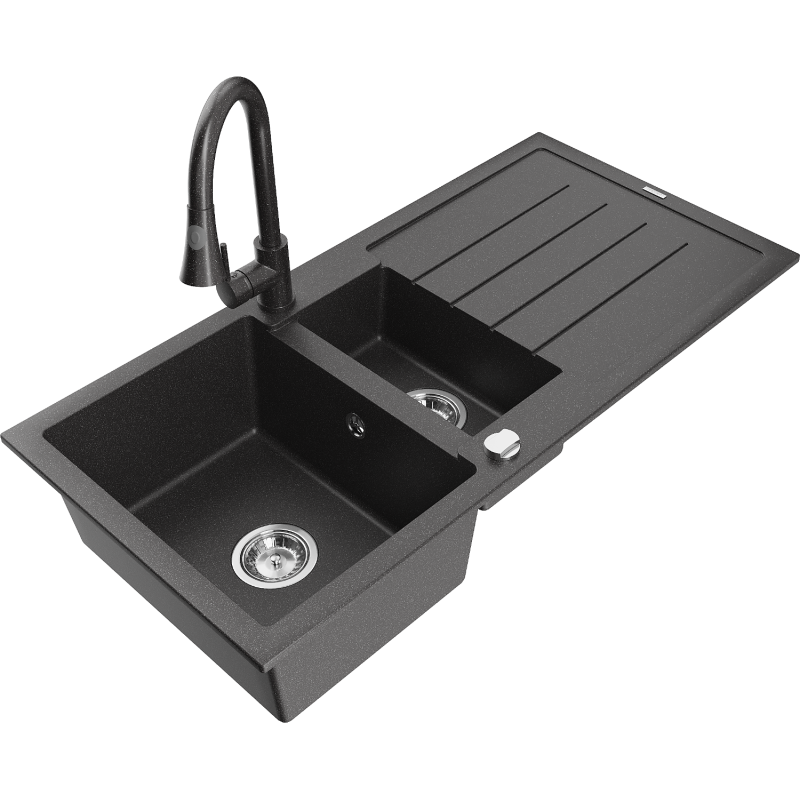 Mexen Andres 1.5-bowl granite sink with drainer and Elia kitchen tap, black speckled - 6515-76-670101-76