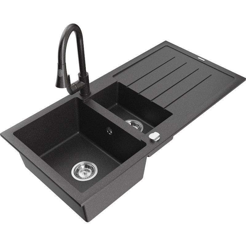 Mexen Andres fregadero de granito de 1,5 cuencas con escurridor y grifo de cocina Elia, negro moteado - 6515-76-670101-76