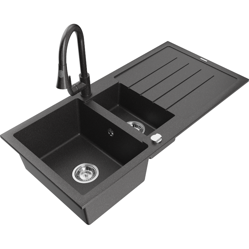 Mexen Andres fregadero de granito de 1,5 senos con escurridor y grifo de cocina Elia, negro moteado - 6515-76-670101-76