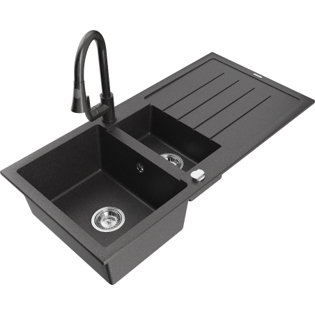 Mexen Andres 1.5-bowl granite sink with drainer and Elia kitchen tap, black speckled - 6515-76-670101-76