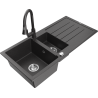 Mexen Andres 1.5-bowl granite kitchen sink with drainer and Elia faucet, speckled black - 6515-76-670101-76